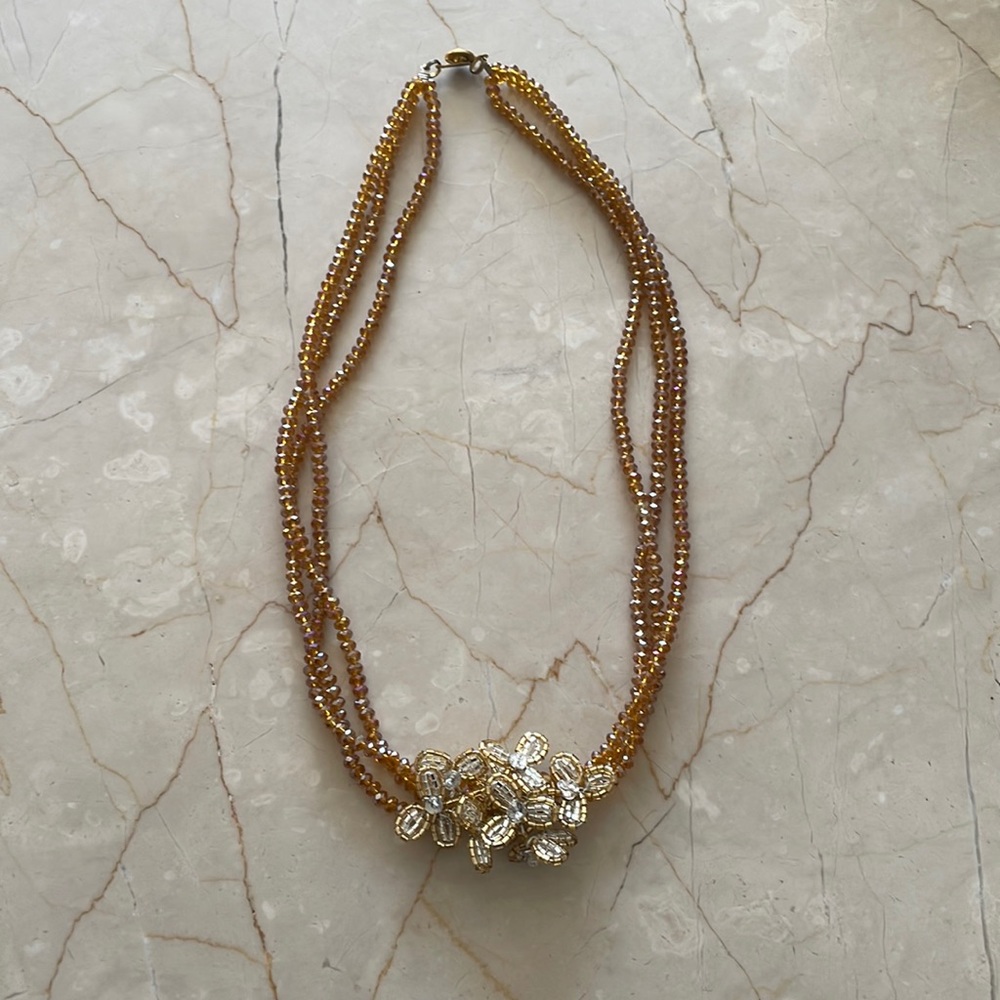 TENG YUE Vintage Seed Bead Tri-Strand Necklace with Flower Cluster